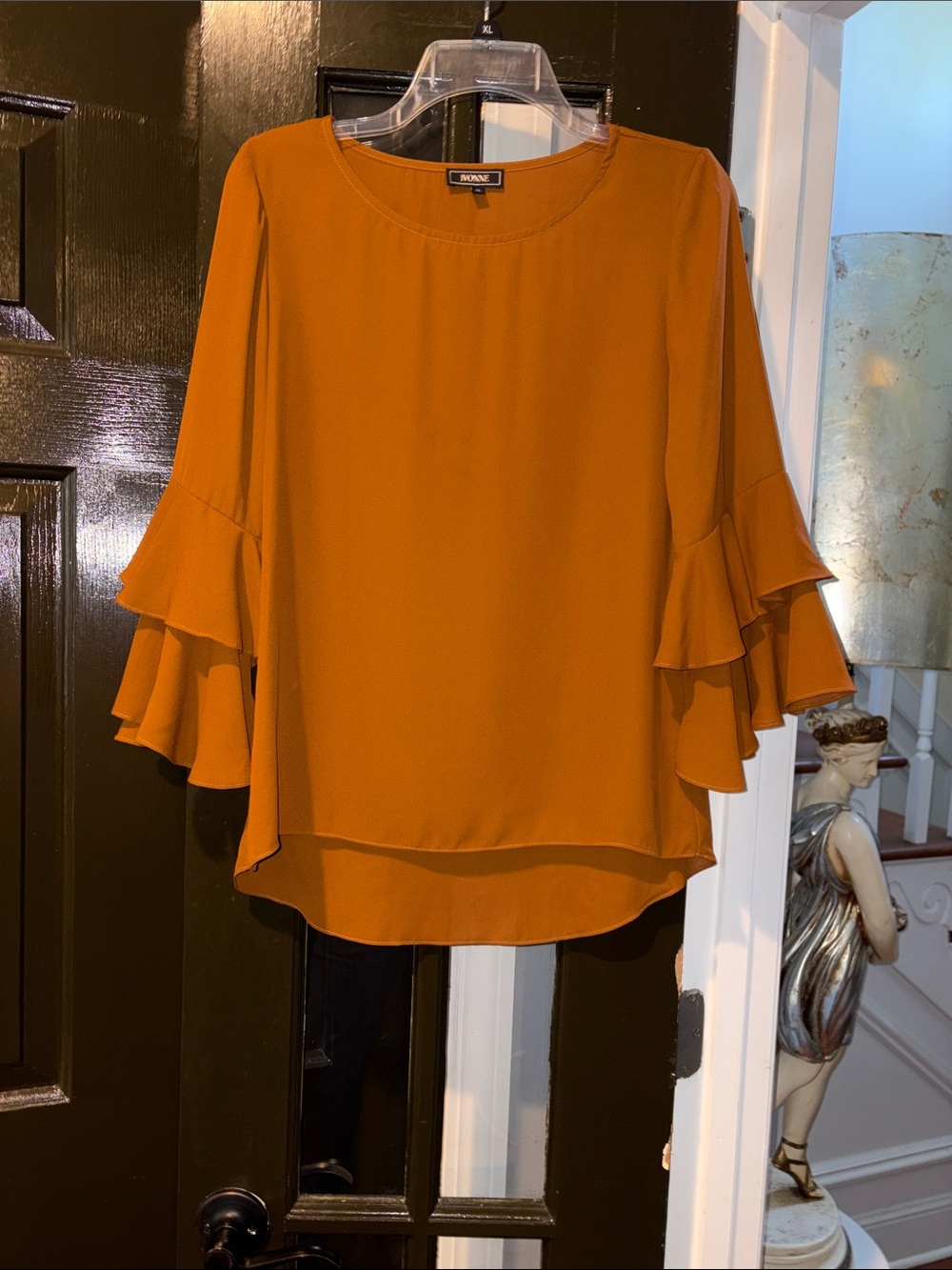 IVONNE Double-Ruffle Sleeve Blouse in Rusty Brown
